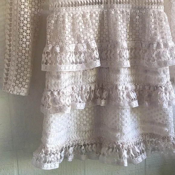 AQUA ivory crochet knit lace sheer long sleeve ruffle tier layered dress - Picture 15 of 16